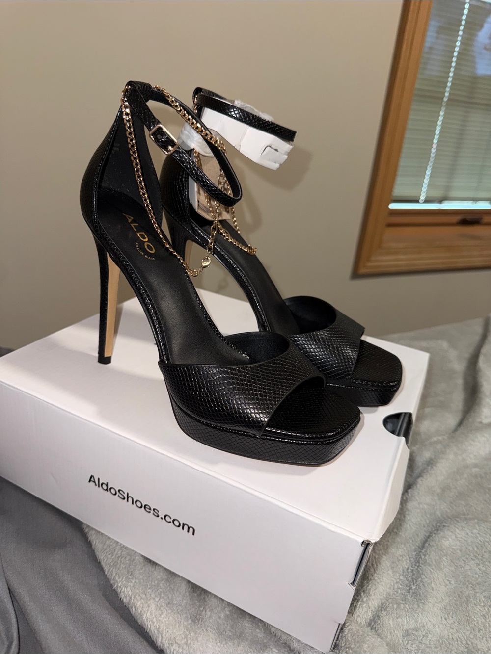 Aldo Black Textured Platform Ankle-Strap Heels with Gold Chain Detail